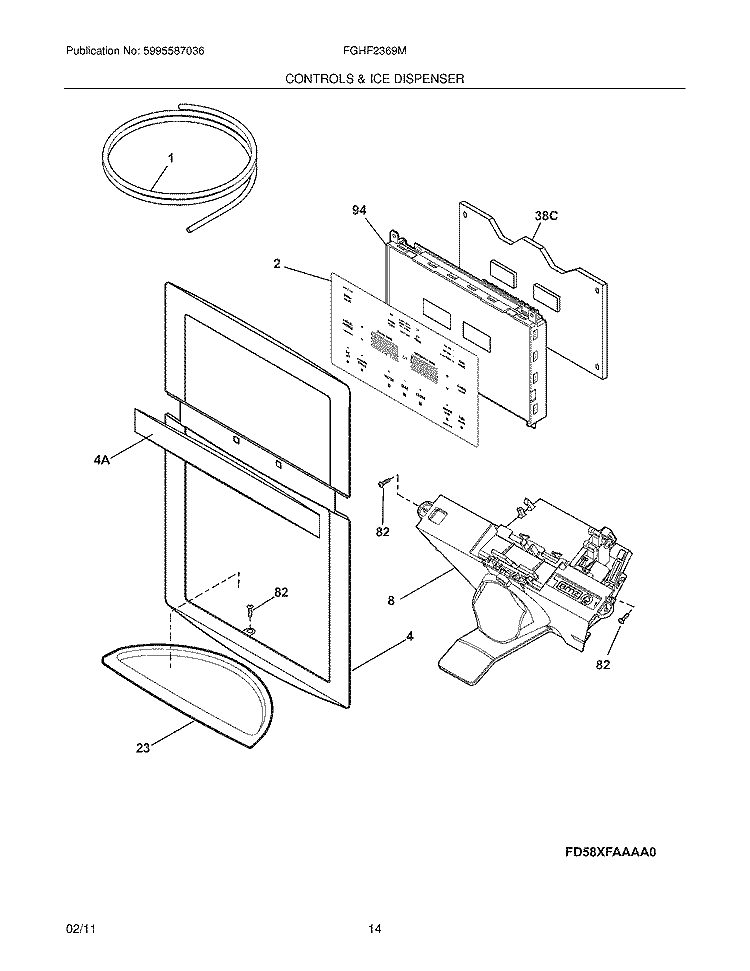 CONTROLS & ICE DISPENSER Diagram and Parts List for FGHF2369MP0  Frigidaire Refrigerator