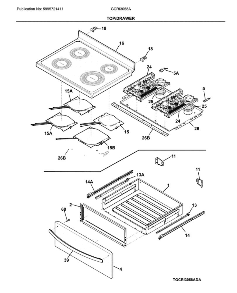 Top/Drawer Diagram and Parts List for GCRI3058ADA  Frigidaire Range