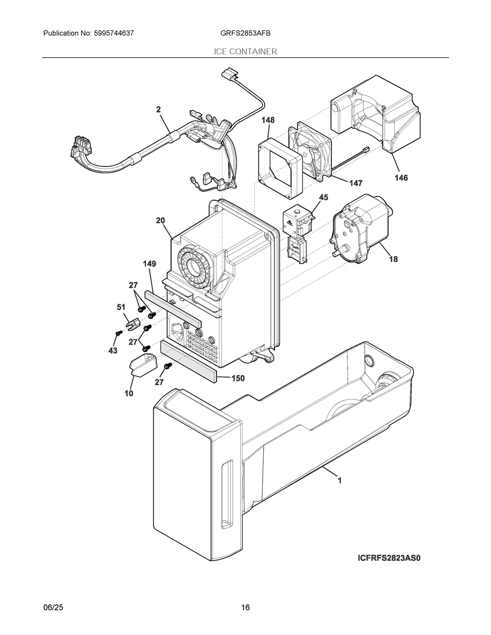 Ice Container Diagram and Parts List for GRFS2853AFB  Frigidaire Refrigerator