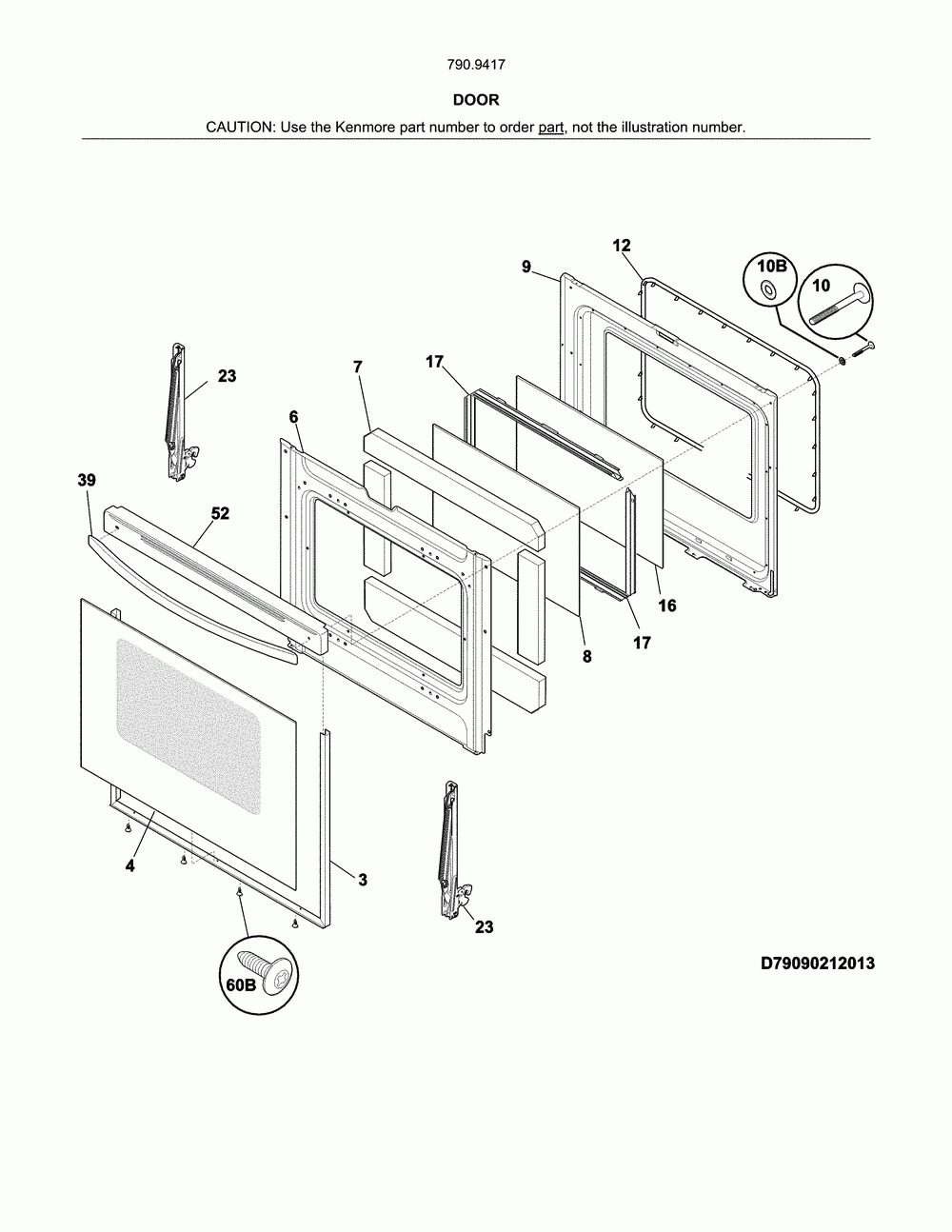 Door Diagram and Parts List for 79094172313  Kenmore Range