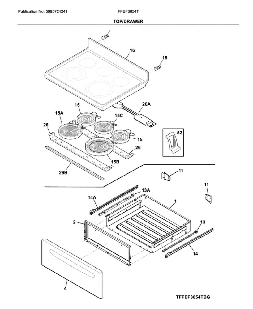 Top/Drawer Diagram and Parts List for FFEF3054TBM  Frigidaire Range