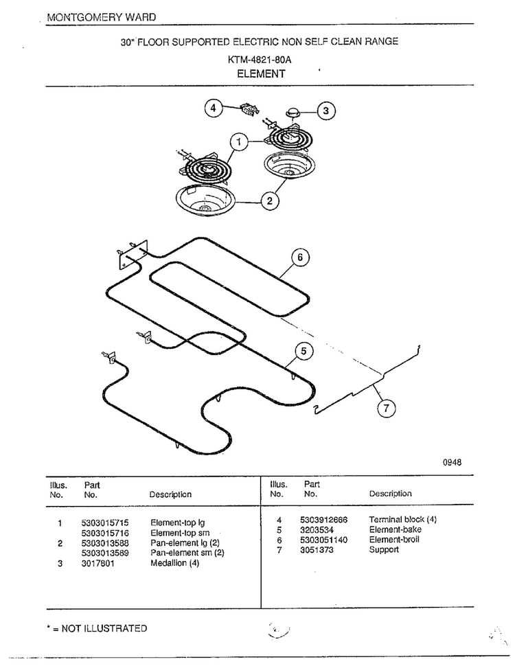 Element Diagram and Parts List for 4821-80A  Frigidaire Range