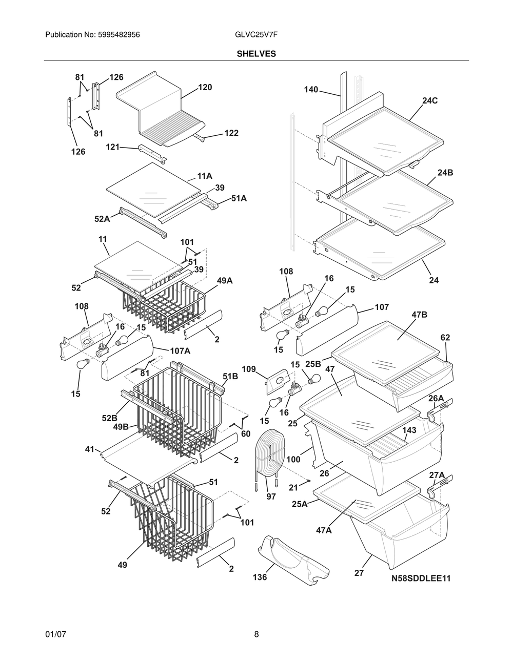 Shelves Diagram and Parts List for GLVC25V7FW2  Frigidaire Refrigerator