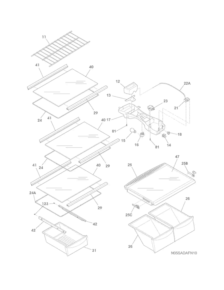 Shelves Diagram and Parts List for FFHT1816PS3  Frigidaire Refrigerator