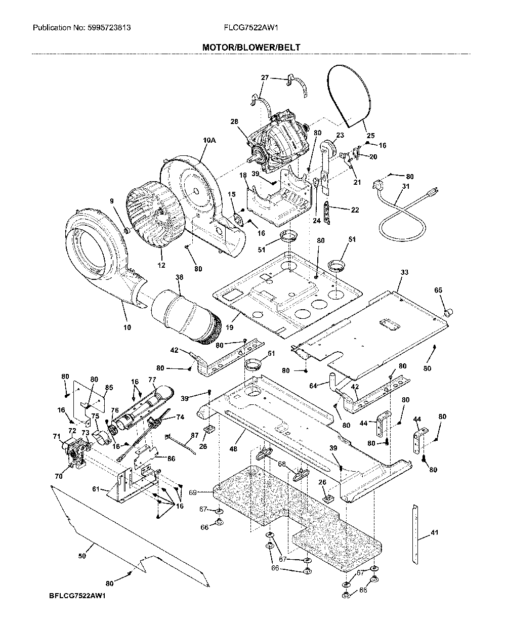 Motor/blower/belt Diagram and Parts List for FLCG7522AW1  Frigidaire Washer Dryer Combo