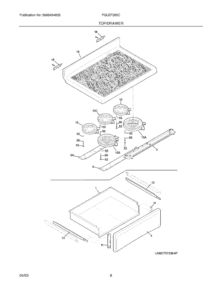 TOP / DRAWER Diagram and Parts List for PGLEF385CQ4  Frigidaire Range