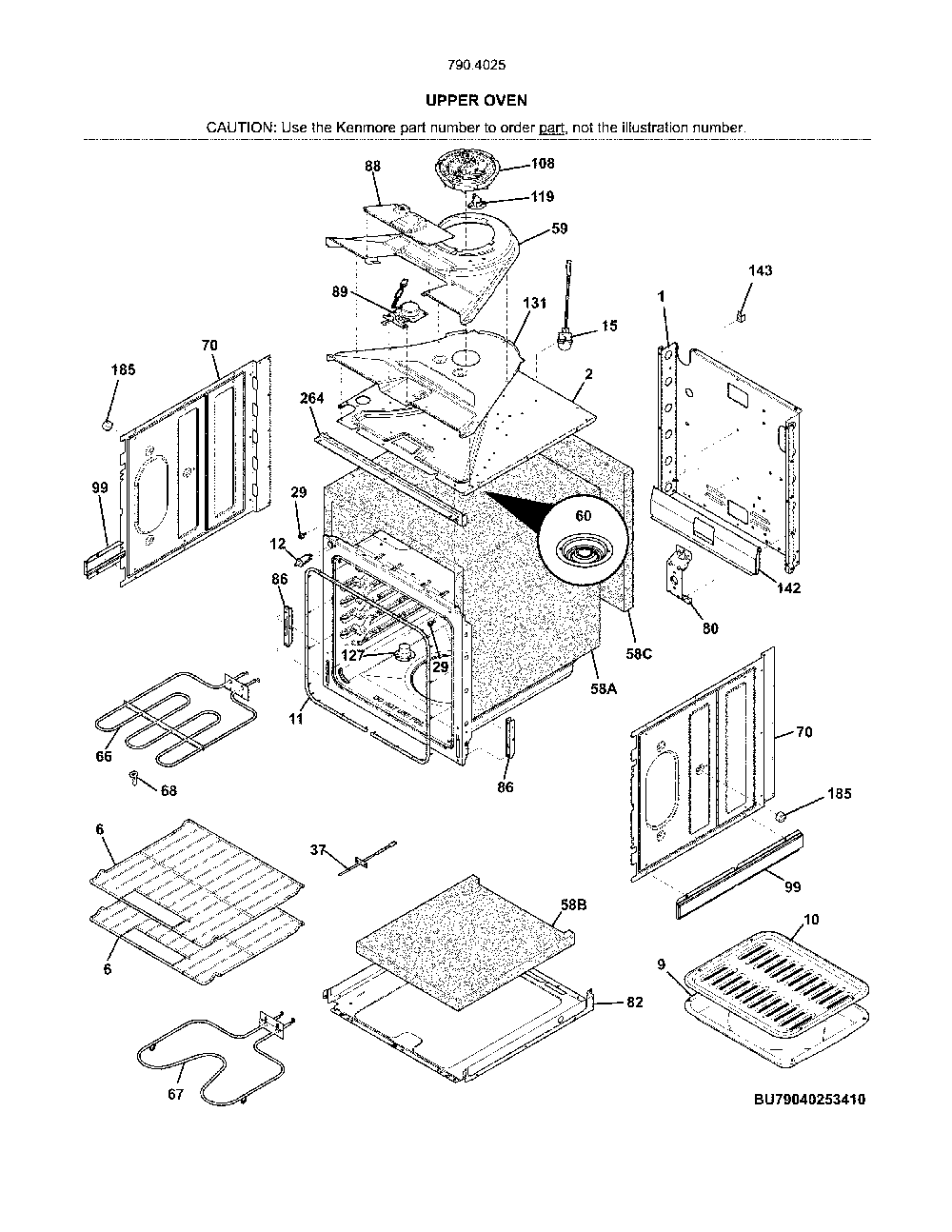 Upper oven Diagram and Parts List for 79040252412  Kenmore Wall Oven