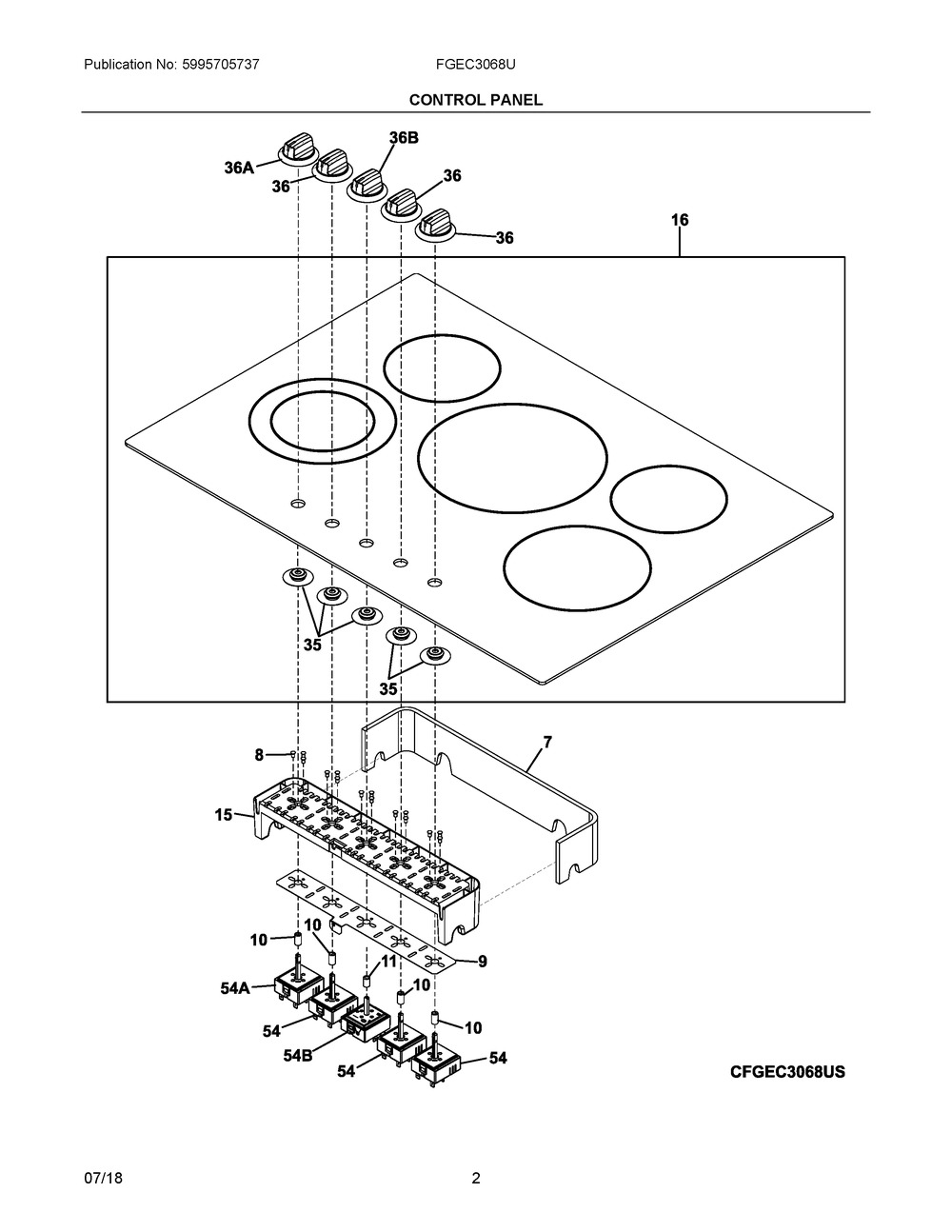 Control Panel Diagram and Parts List for FGEC3068UB  Frigidaire Cooktop