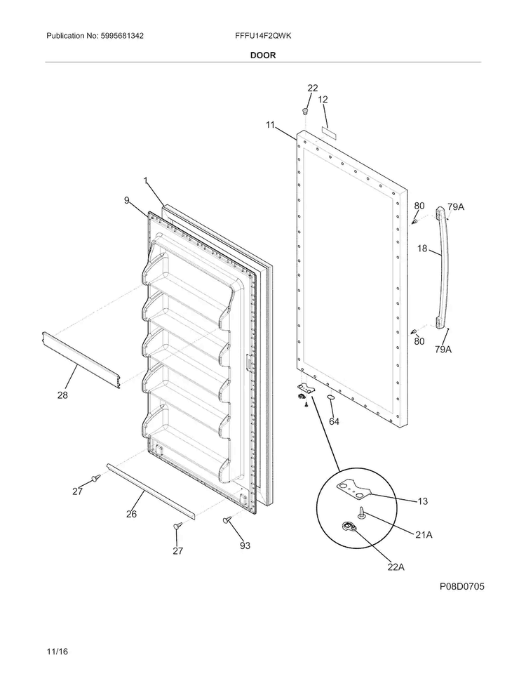 Door Diagram and Parts List for FFFU14F2QWK  Frigidaire Freezer