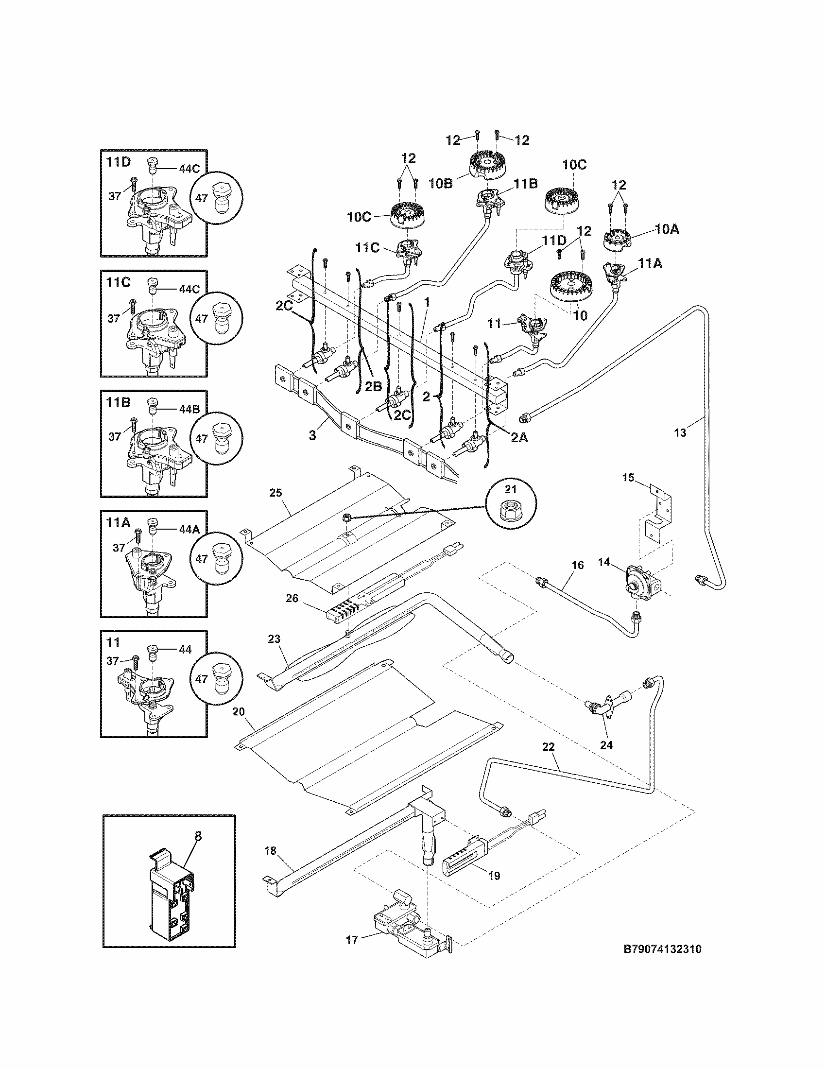Burner Diagram and Parts List for 79074139310  Kenmore Range