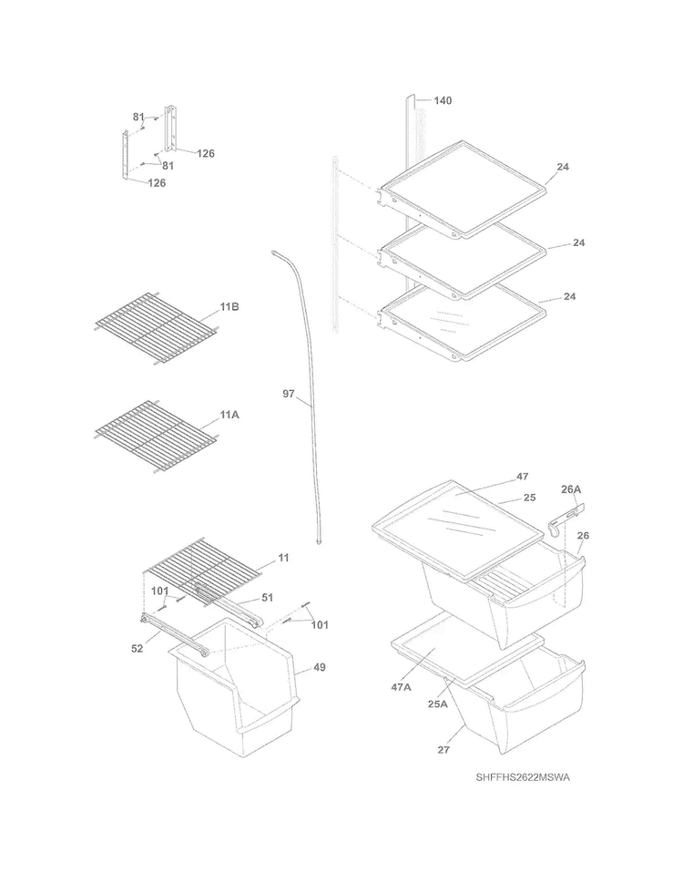 Shelves Diagram and Parts List for FFHS2622MSWA  Frigidaire Refrigerator