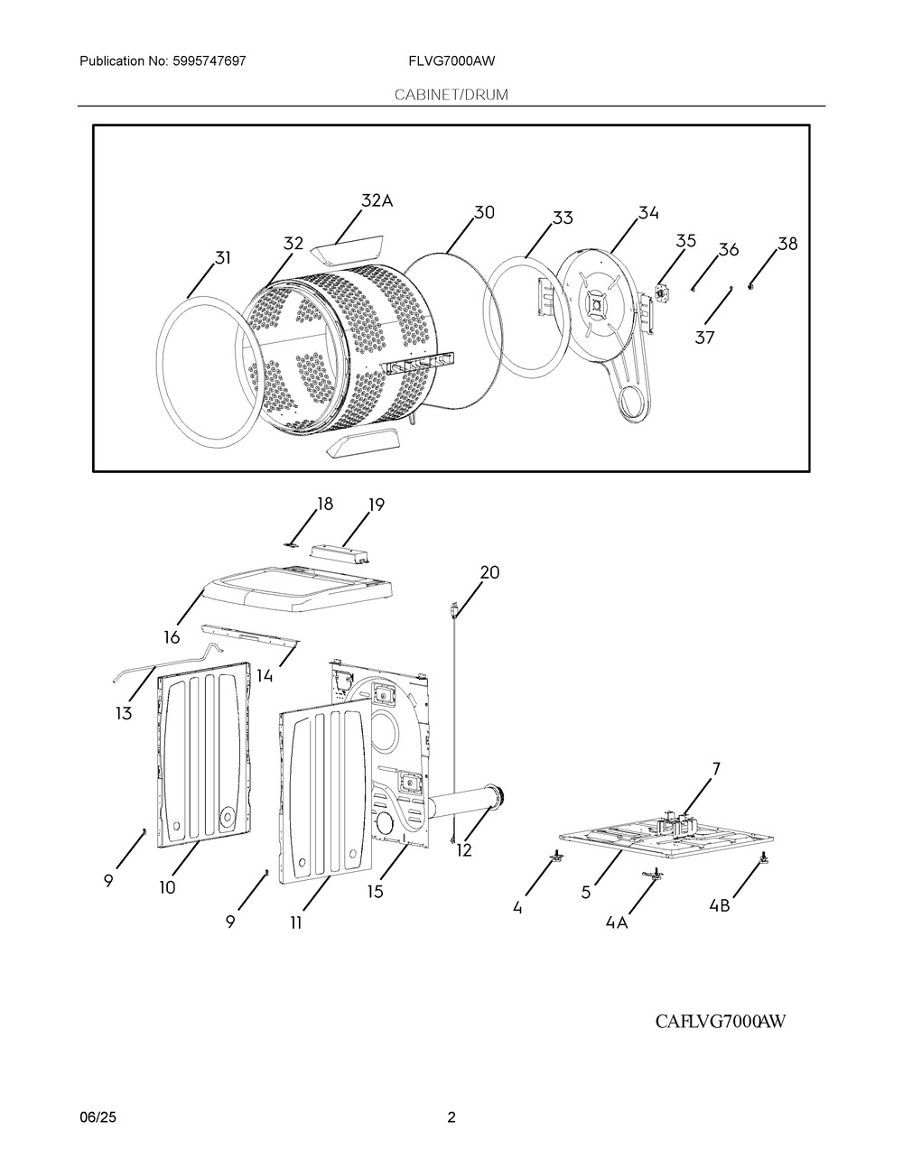 Cabinet/Drum Diagram and Parts List for FLVG7000AW  Frigidaire Dryer