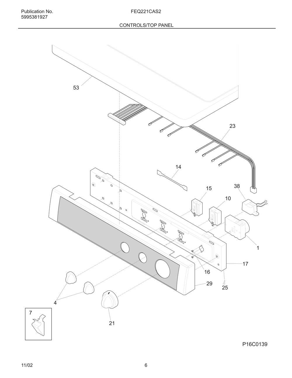 Controls/Top Panel Diagram and Parts List for FEQ221CAS2  Frigidaire Dryer