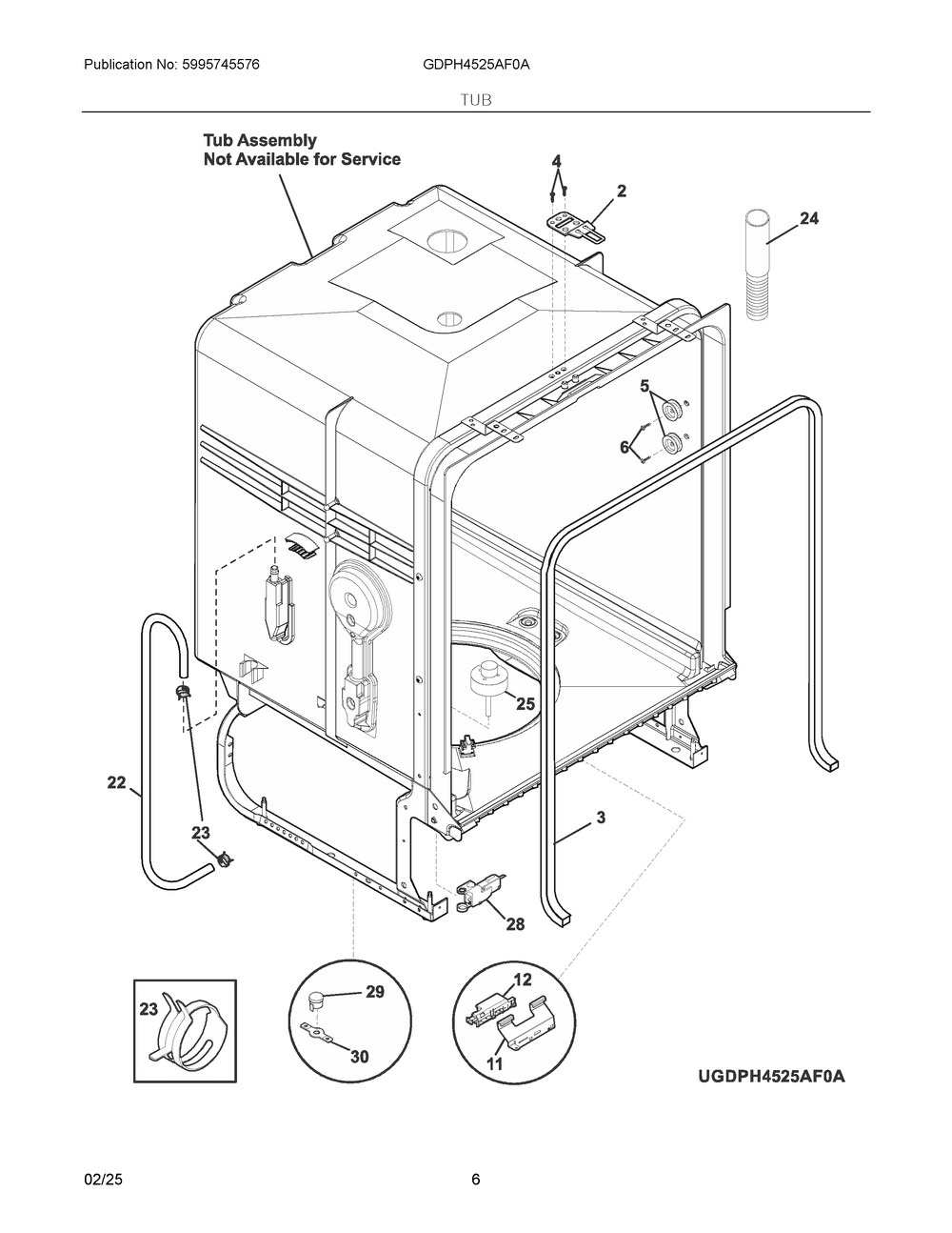 Tub Diagram and Parts List for GDPH4525AF0A  Frigidaire Dishwasher