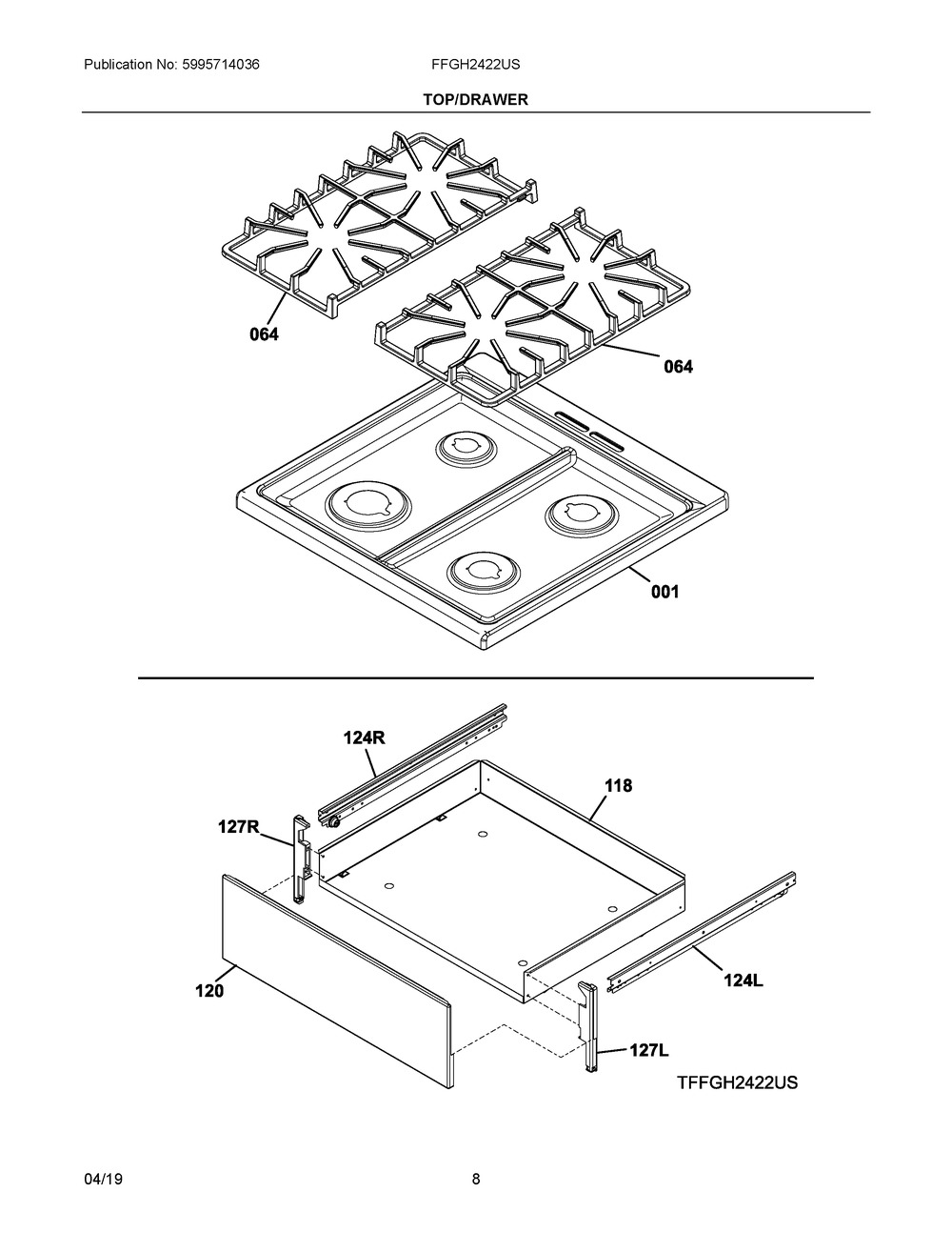 Top/drawer Diagram and Parts List for FFGH2422US  Frigidaire Range