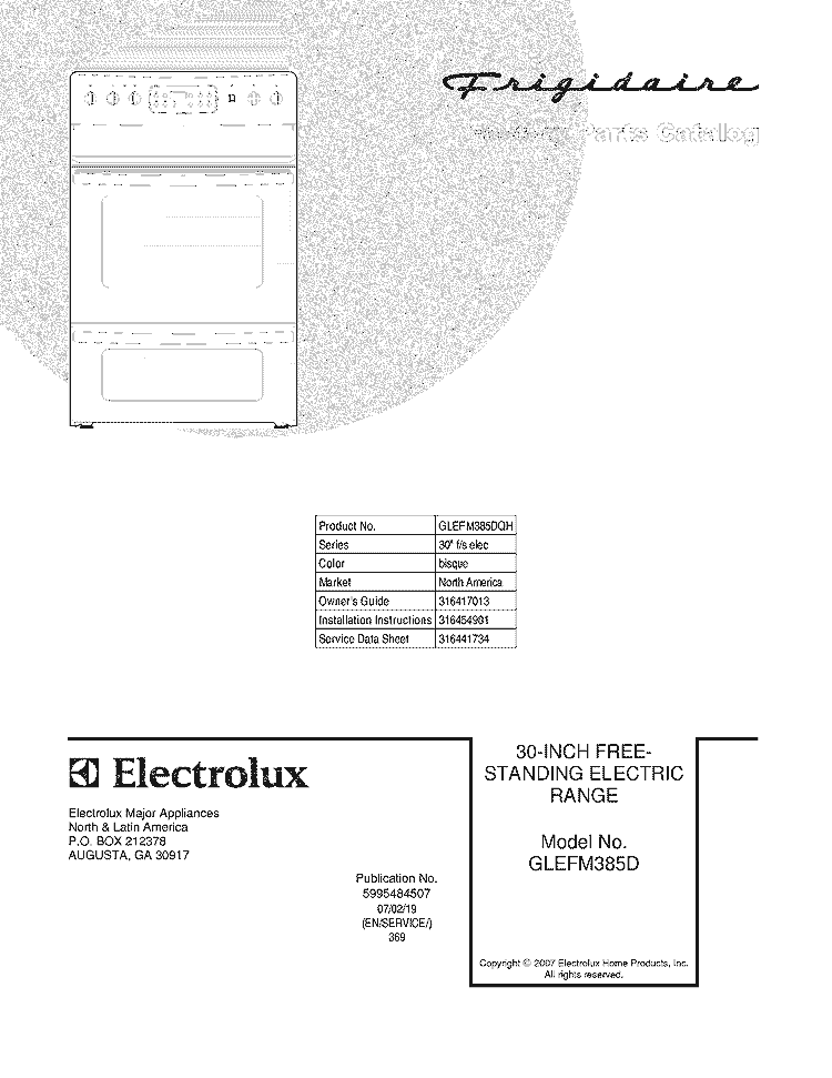 COVER Diagram and Parts List for GLEFM385DQH  Frigidaire Range