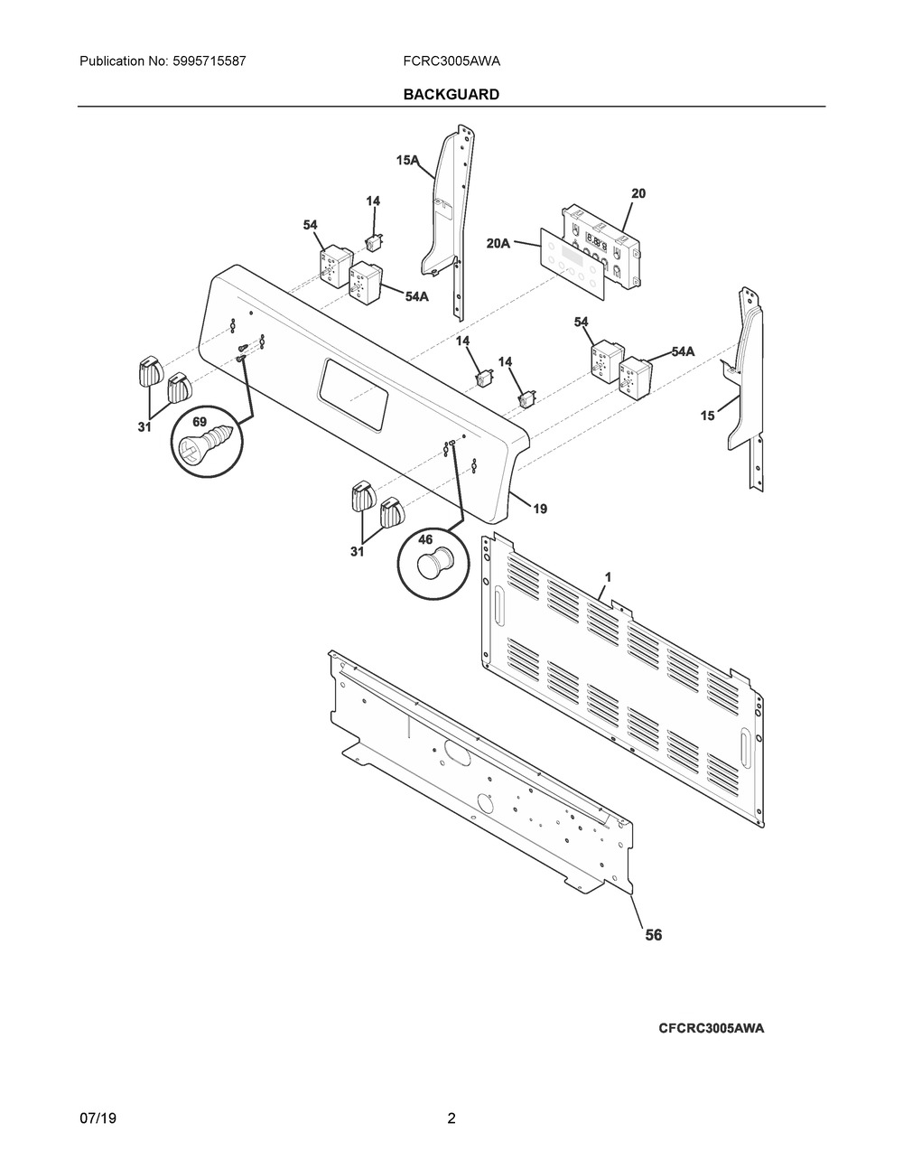 Backguard Diagram and Parts List for FCRC3005AWA  Frigidaire Range