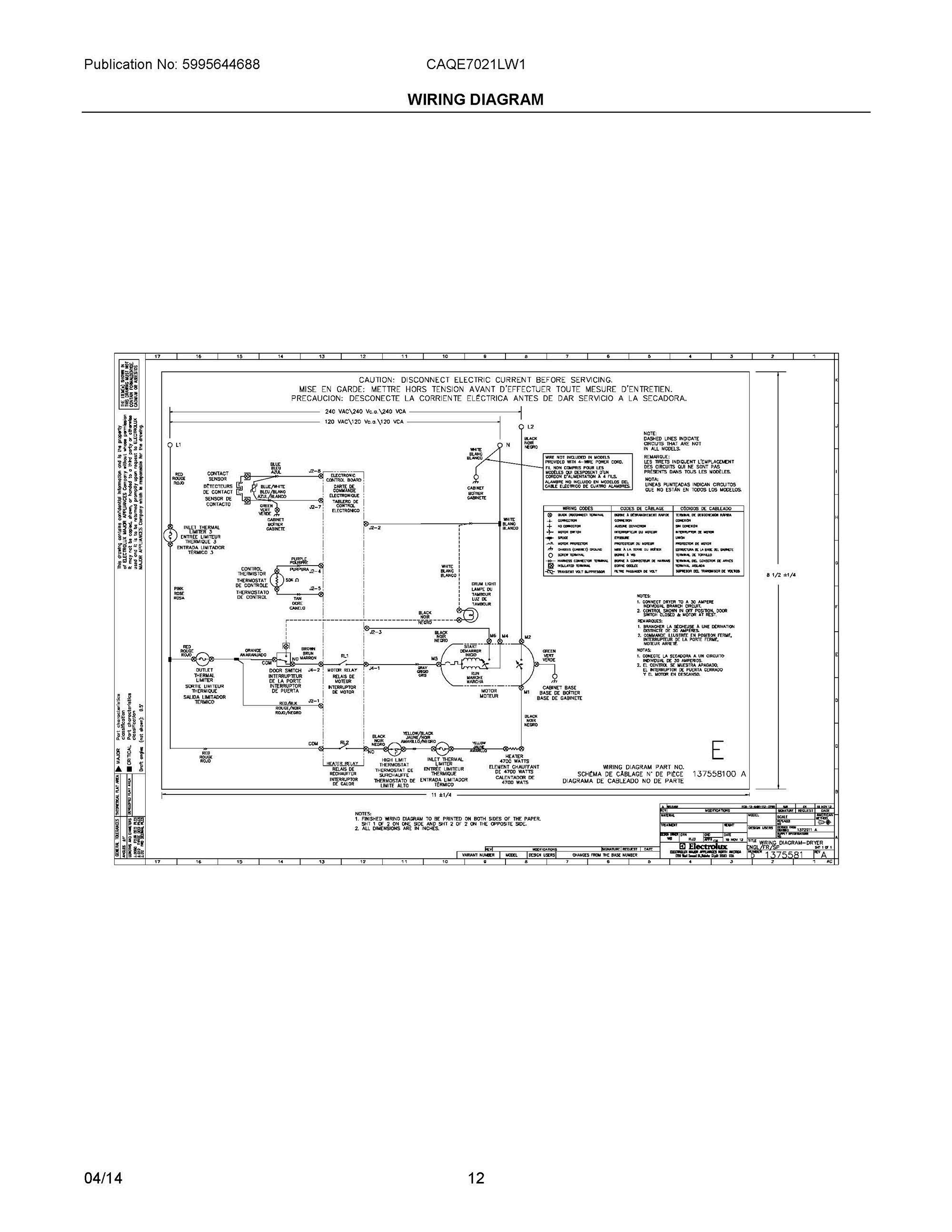 07 - WIRING DIAGRAM Diagram and Parts List for CAQE7021LW1  Frigidaire Dryer