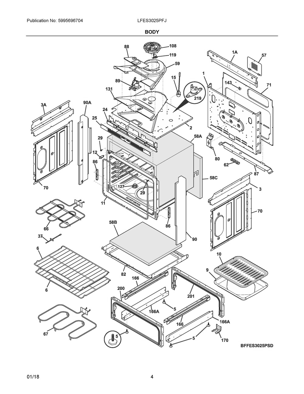 Body Diagram and Parts List for LFES3025PFJ  Frigidaire Range