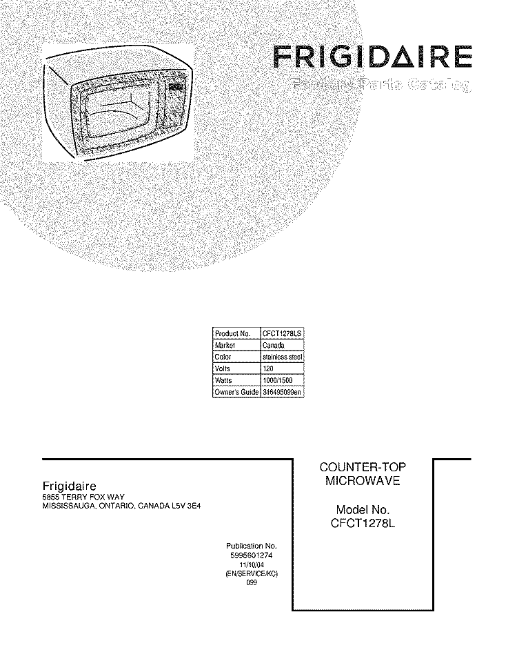 COVER Diagram and Parts List for CFCT1278LS  Frigidaire Microwave