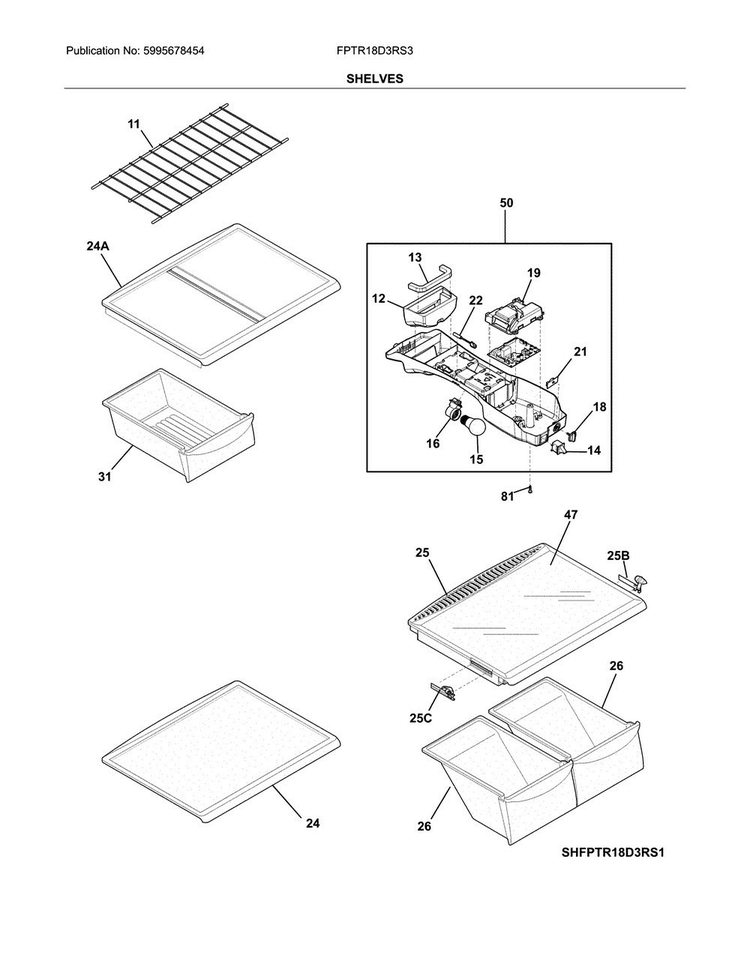 Shelves Diagram and Parts List for FPTR18D3RS3  Frigidaire Refrigerator