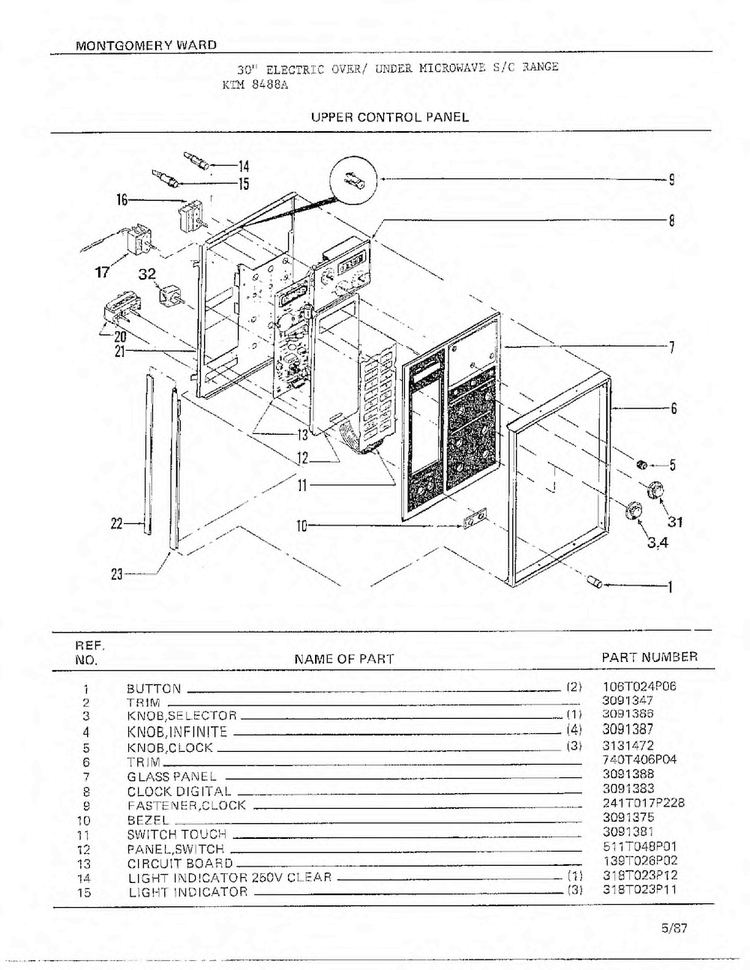 Upper Control Panel Diagram and Parts List for 8488A  Frigidaire Range