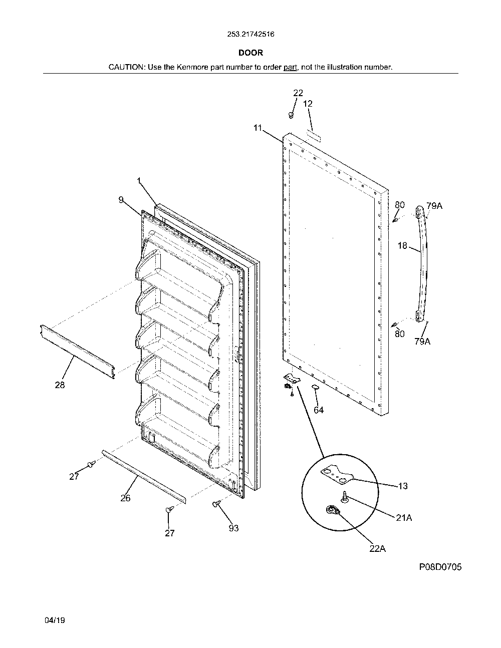 Door Diagram and Parts List for 25321742516  Kenmore Freezer