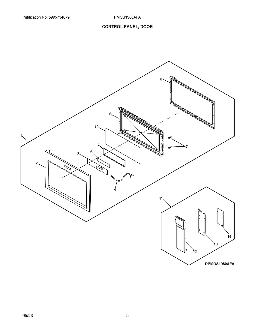 Control Panel, Door Diagram and Parts List for PMOS1980AFA  Electrolux Microwave