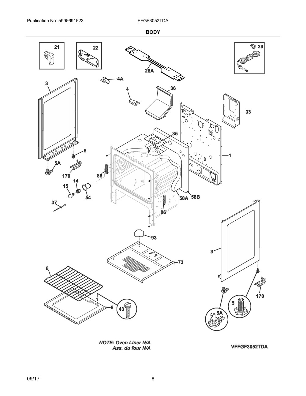 Body Diagram and Parts List for FFGF3052TDA  Frigidaire Range