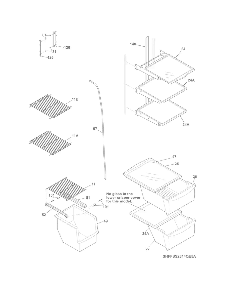 Shelves Diagram and Parts List for FFSS2314QE8A  Frigidaire Refrigerator