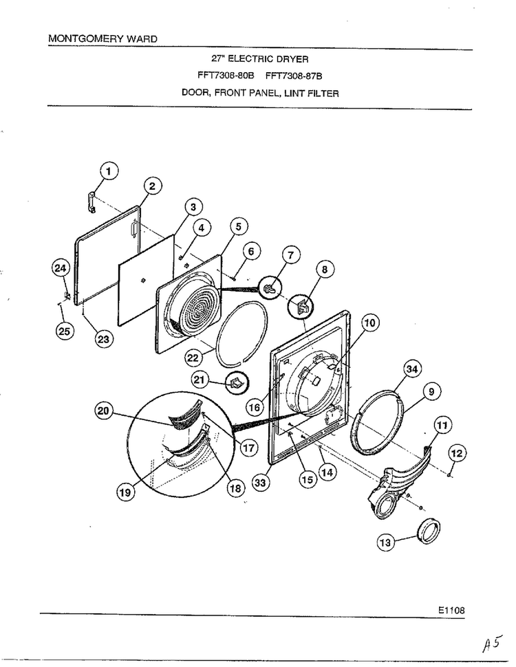 Door, Front Panel, Lint Filter Diagram and Parts List for 7308B  Frigidaire Dryer