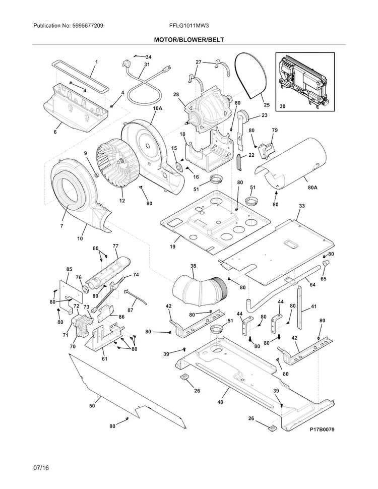 Motor/blower/belt Diagram and Parts List for FFLG1011MW3  Frigidaire Washer Dryer Combo