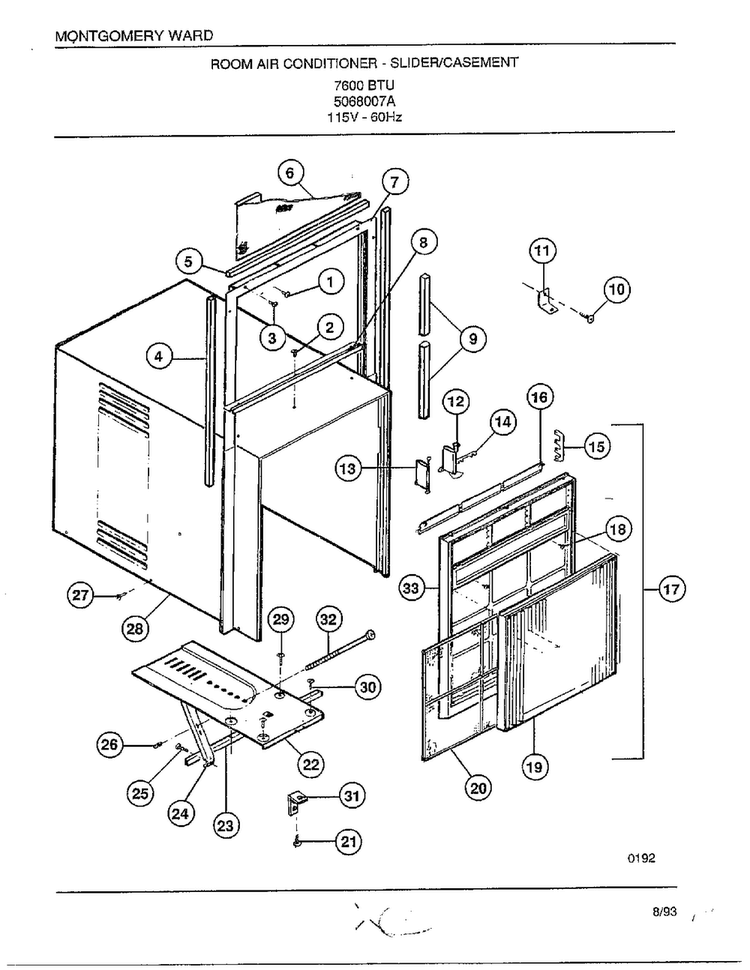 Room Air Conditioner - Slider/casement Diagram and Parts List for 5068007A  Frigidaire Air Conditioner