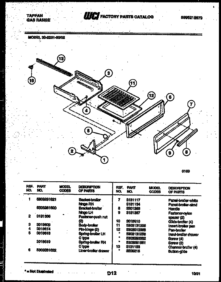 BROILER DRAWER PARTS Diagram and Parts List for 30-2251-00-02  Tappan Range
