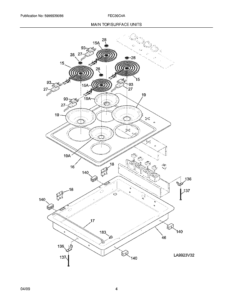 MAINTOP Diagram and Parts List for FEC30C4AQ1  Frigidaire Cooktop
