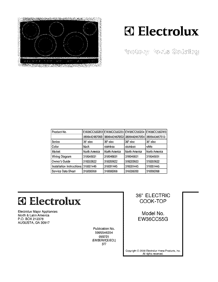 COVER Diagram and Parts List for EW36CC55GB3  Electrolux Cooktop