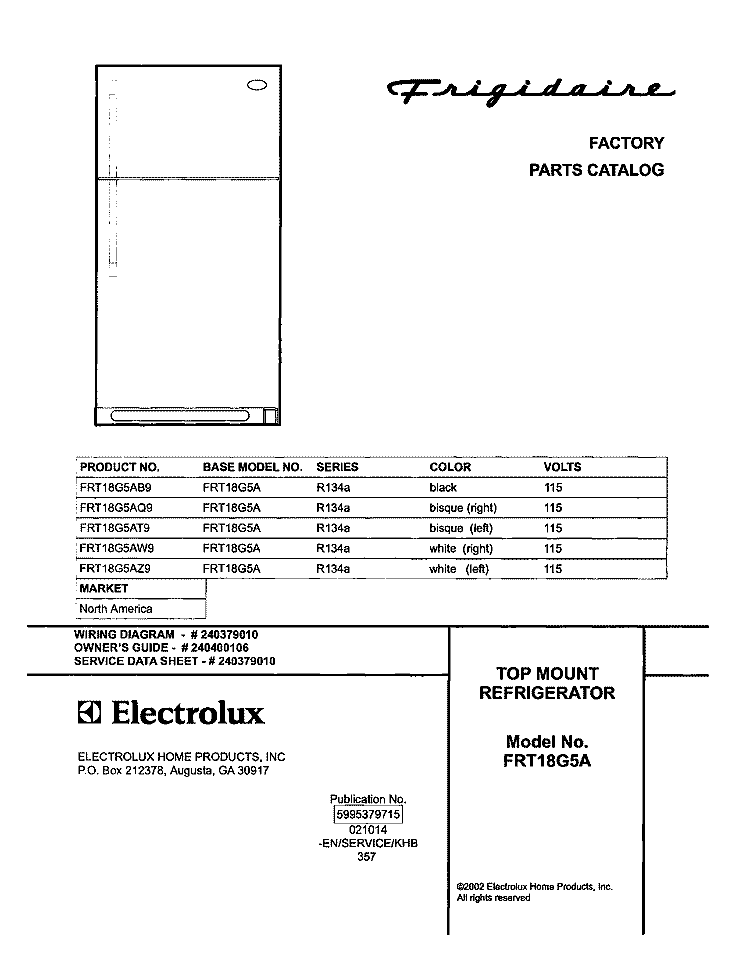 COVER Diagram and Parts List for FRT18G5AB9  Frigidaire Refrigerator