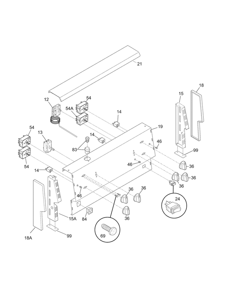 Backguard Diagram and Parts List for CFEF2405LWD  Frigidaire Range