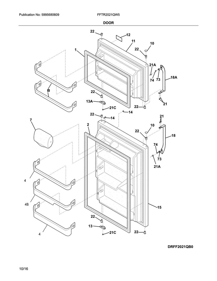 Door Diagram and Parts List for FFTR2021QW5  Frigidaire Refrigerator
