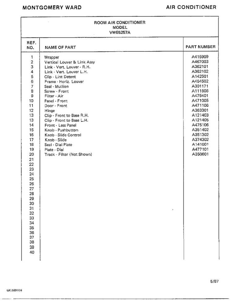 Air Conditioner Page 2 Diagram and Parts List for 5257A  Frigidaire Air Conditioner