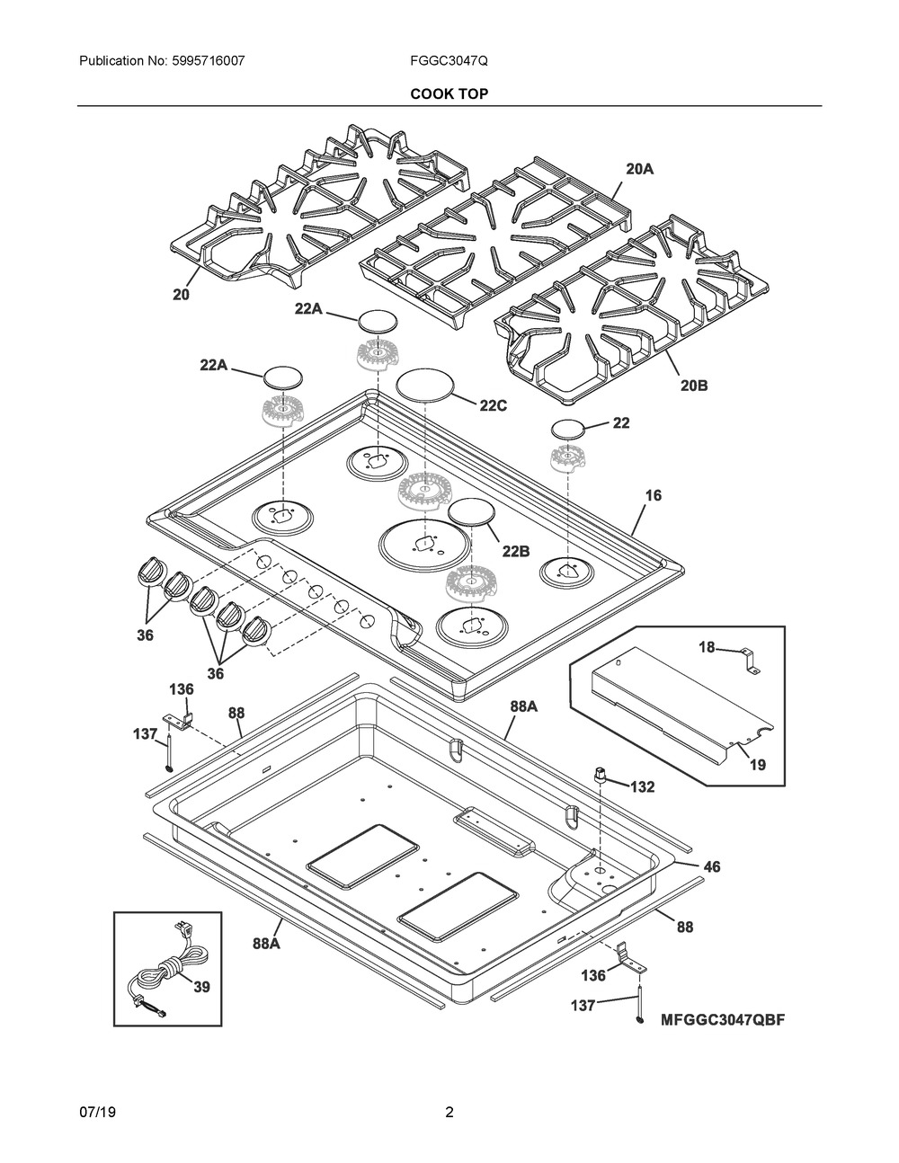 Cook Top Diagram and Parts List for FGGC3047QWF  Frigidaire Cooktop