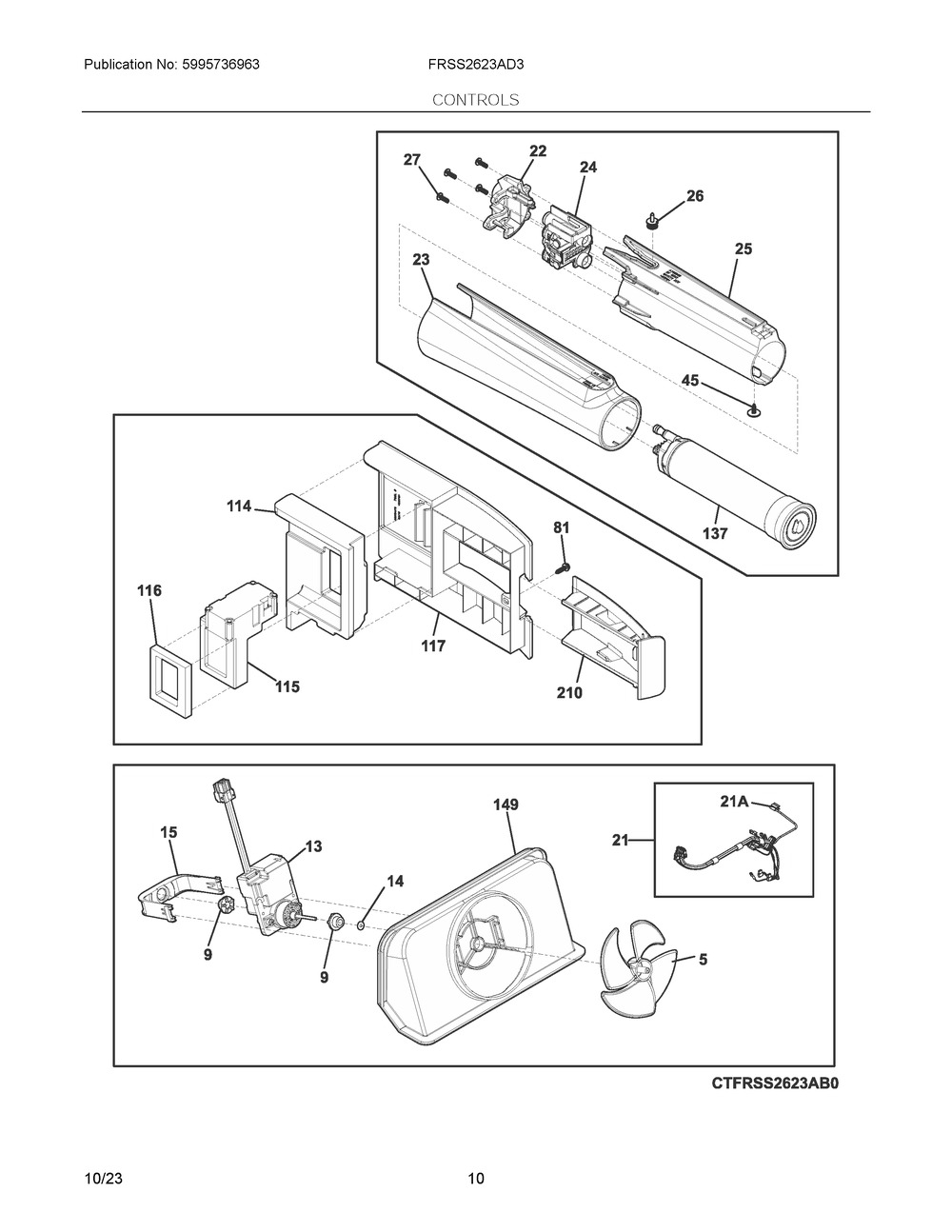 Controls Diagram and Parts List for FRSS2623AD3  Frigidaire Refrigerator