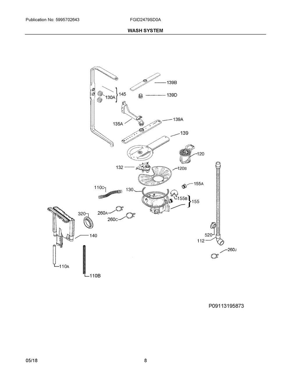 Wash System Diagram and Parts List for FGID2479SD0A  Frigidaire Dishwasher
