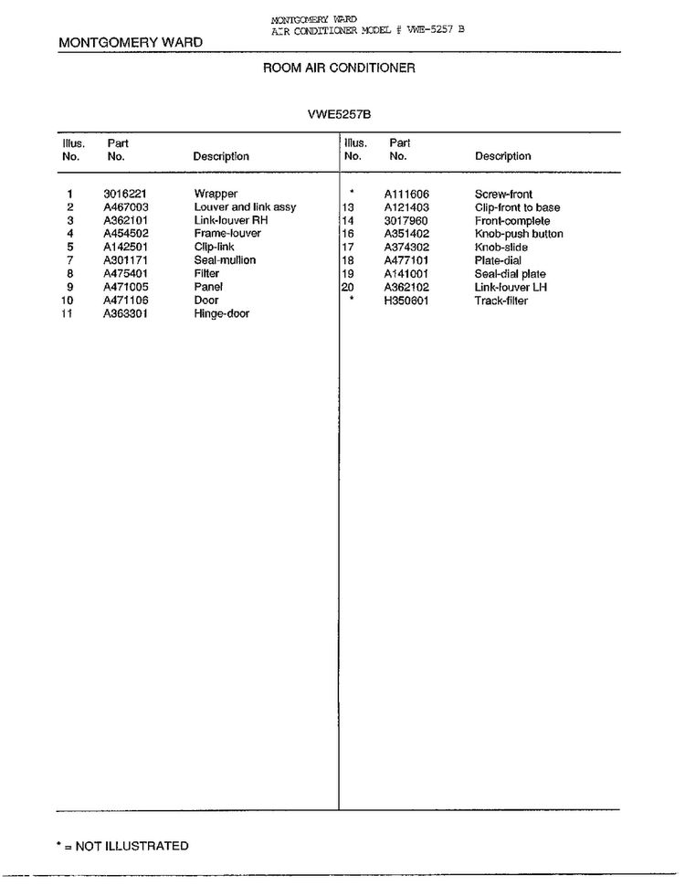 Room Air Conitioner Page 2 Diagram and Parts List for 5257B  Frigidaire Air Conditioner