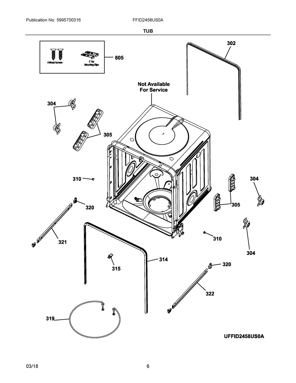 Tub Diagram and Parts List for FFID2458US0A  Frigidaire Dishwasher