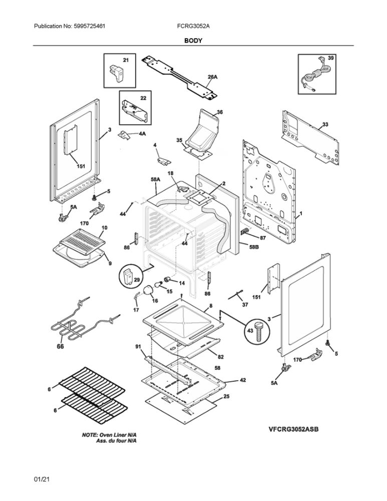 Body Diagram and Parts List for FCRG3052ABC  Frigidaire Range