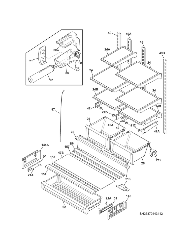 Shelves Diagram and Parts List for 25370423412  Kenmore Refrigerator