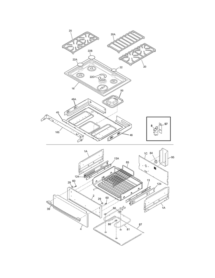 Top/drawer Diagram and Parts List for FPDS3085KFG  Frigidaire Range