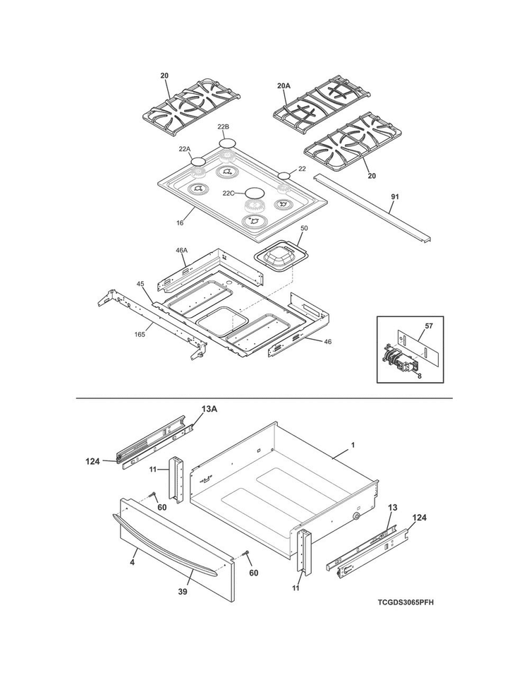 Top/drawer Diagram and Parts List for FGDS3065PFJ  Frigidaire Range