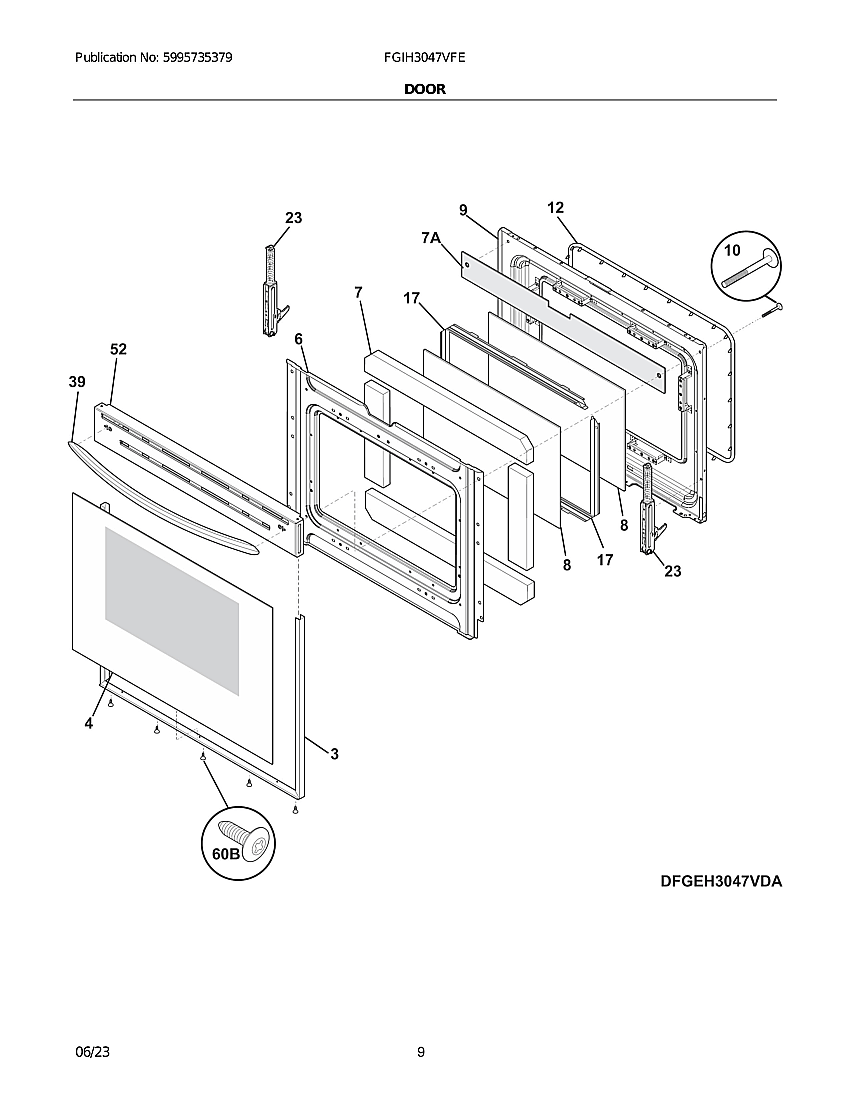 Door Diagram and Parts List for FGIH3047VFE  Electrolux Range